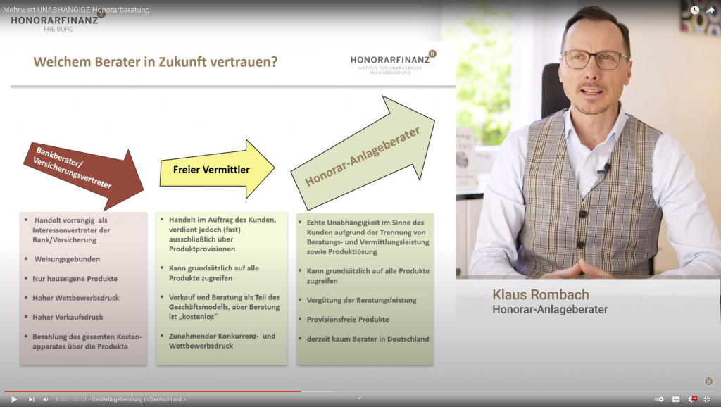 Screenshot aus dem entsprechenden Video von Klaus Rombach.
Zeigt: Welchem Berater man in Zukunft vertrauen sollte und warum.