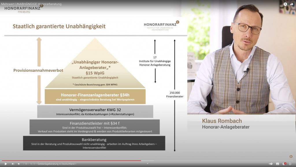 Screenshot aus dem entsprechenden Video von Klaus Rombach.
Zeigt: die staatliche garantierte Unabhängigkeit der Honorarberater.