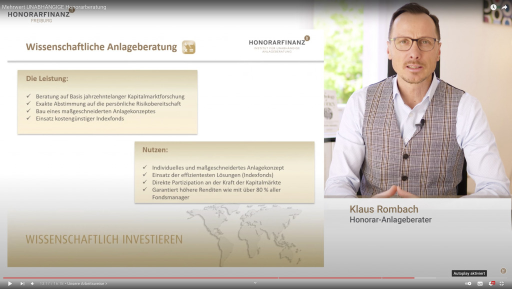 Screenshot aus dem entsprechenden Video von Klaus Rombach.
Zeigt: die Leistung und den Nutzen der wissenschaftlichen Anlageberatung