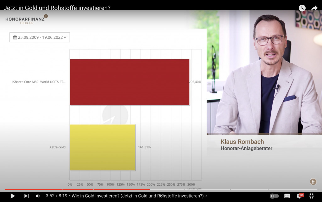 Screenshot aus dem entsprechenden YouTube-Video von Klaus Rombach.
Zeigt: die Wertentwicklung von Xetra Gold im Vergleich zum MSCI Word.
